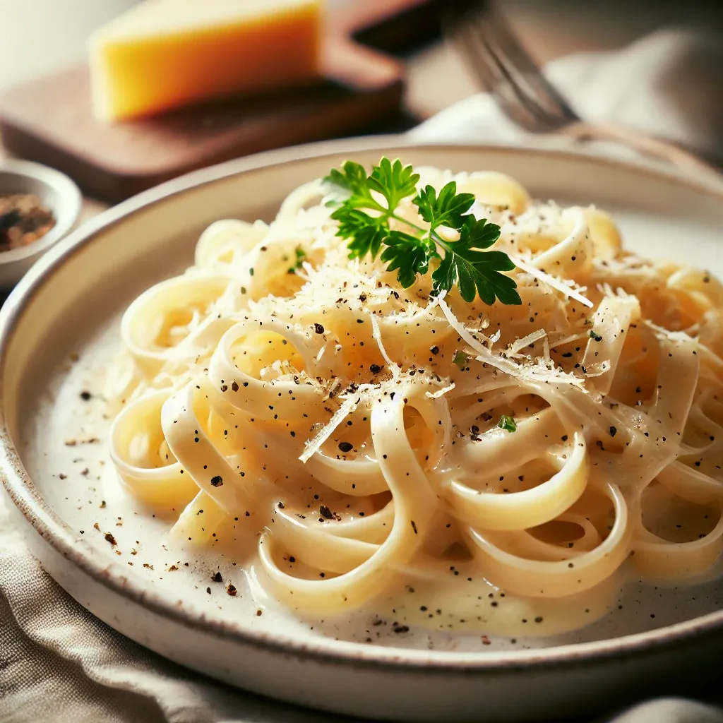 Fettuccine Alfredo bir tabakta serviş edilmiş