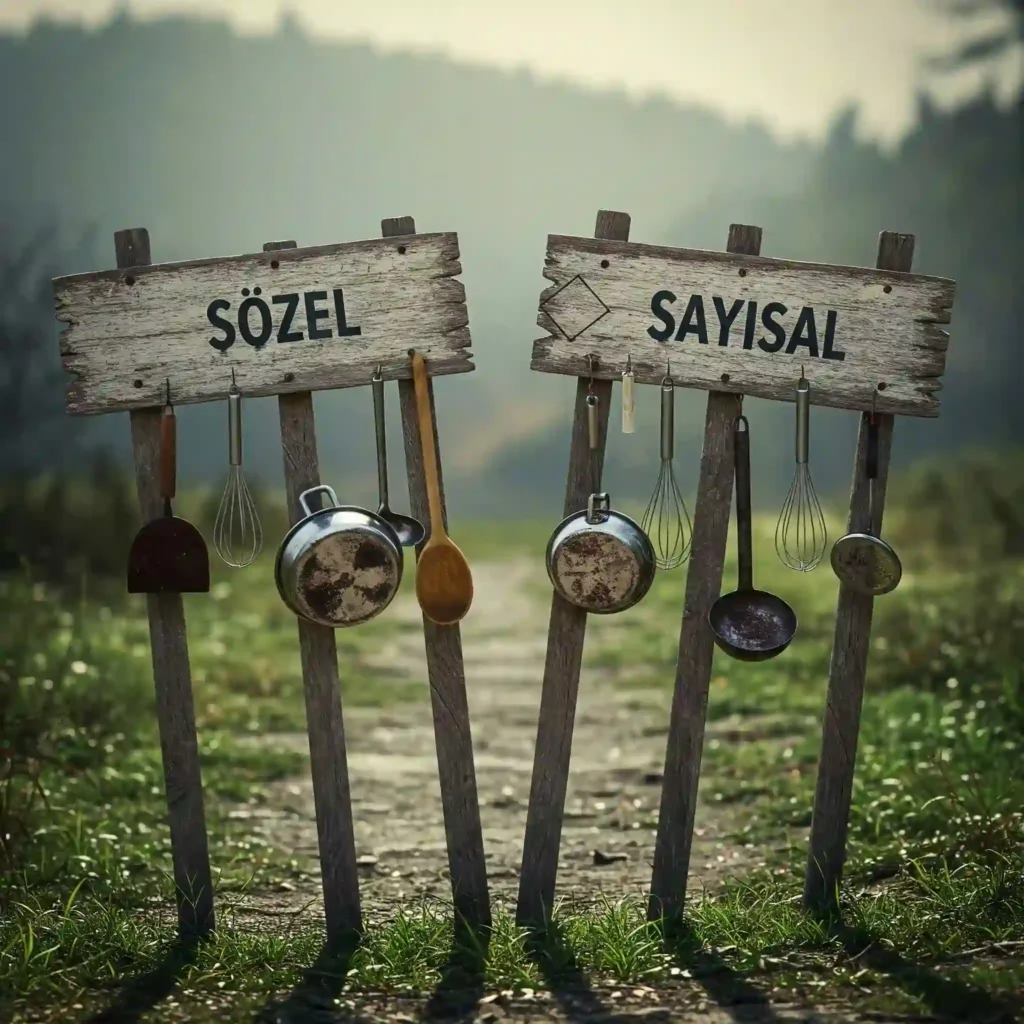 Sözel alanı ve sayısal alanını ifade eden yazılı tabelalar bir patikada bulunuyor.