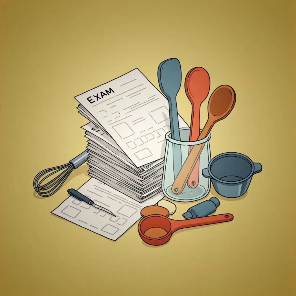 Sınav kağıtları ve yanlarında gastronomiyle ilgili öğeler (tencere, bıçak, kaşıklar, ölçekler ve çırpma teli).