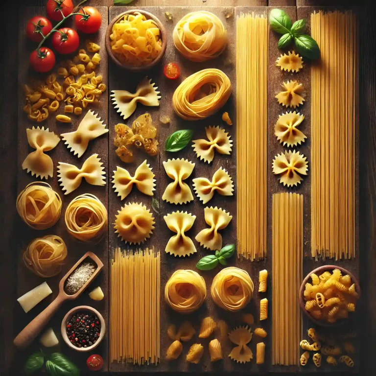 Spaghetti, farfalle, ravioli, fettuccine ve fusilli makarnalarının bir arada sunulduğu görsel.