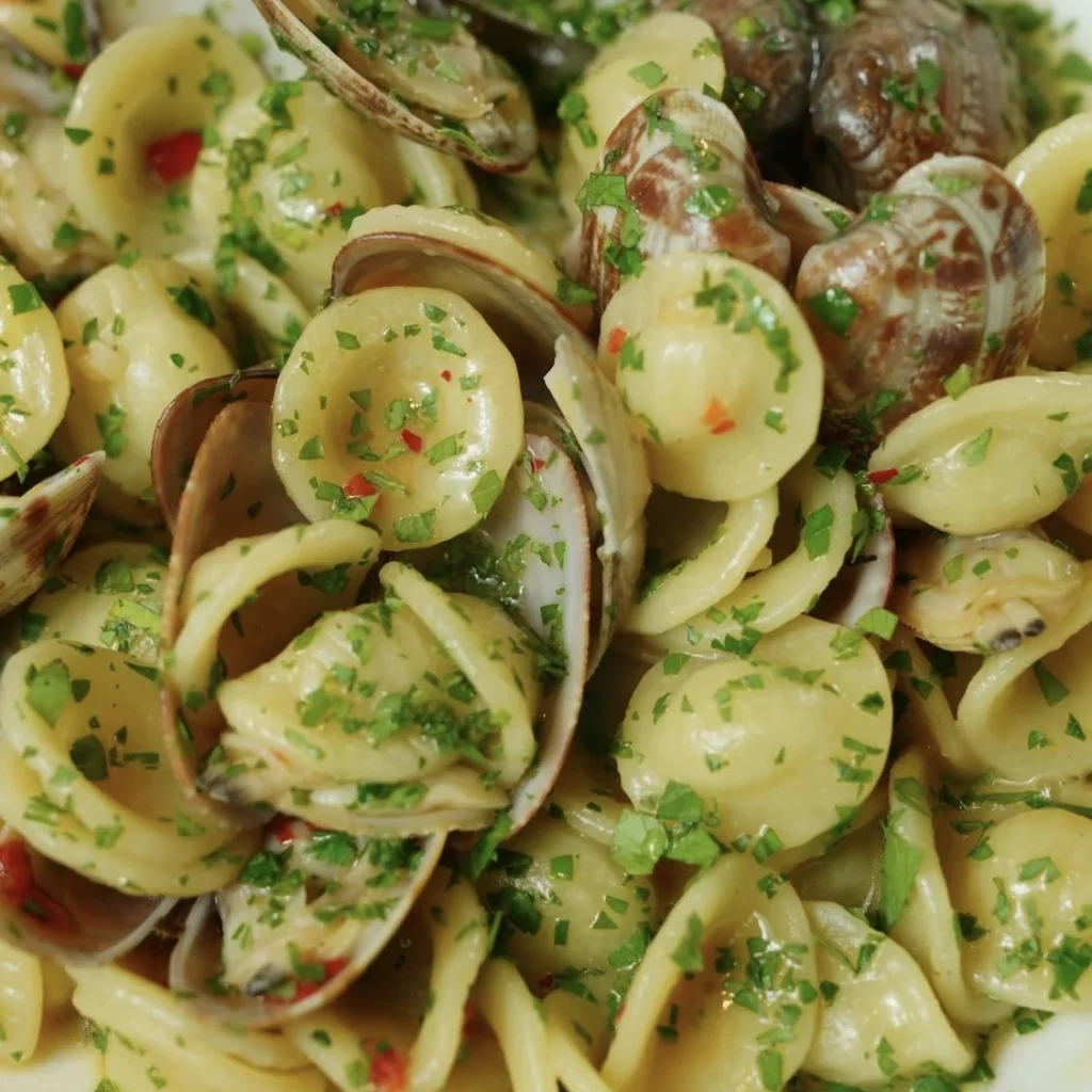 Orecchiette makarna, deniz ürünleri içeren bir sosla servis ediliyor.