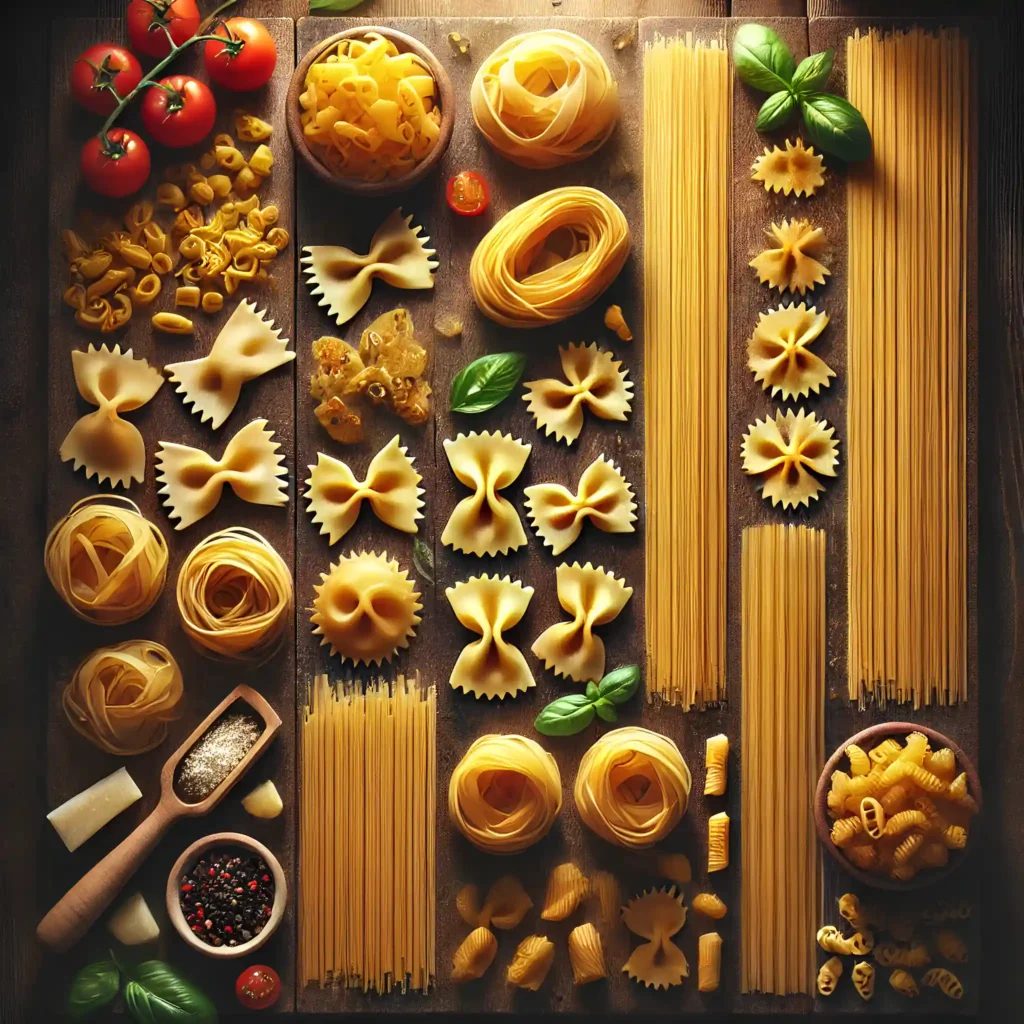 Spaghetti, farfalle, ravioli, fettuccine ve fusilli makarnalarının bir arada sunulduğu görsel.