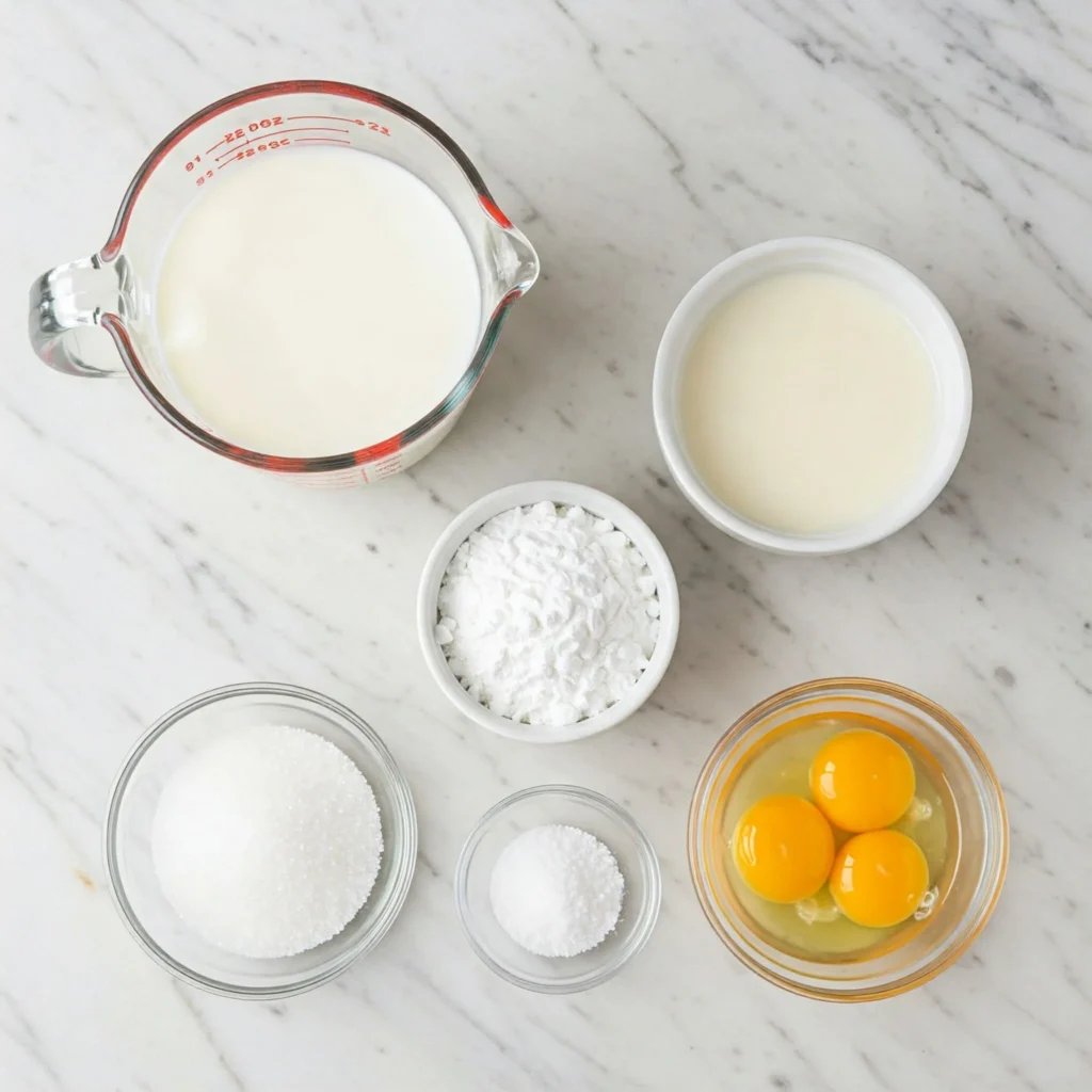 Puding yapımı için gereken temel malzemeler: süt, şeker, nişasta ve yumurta.