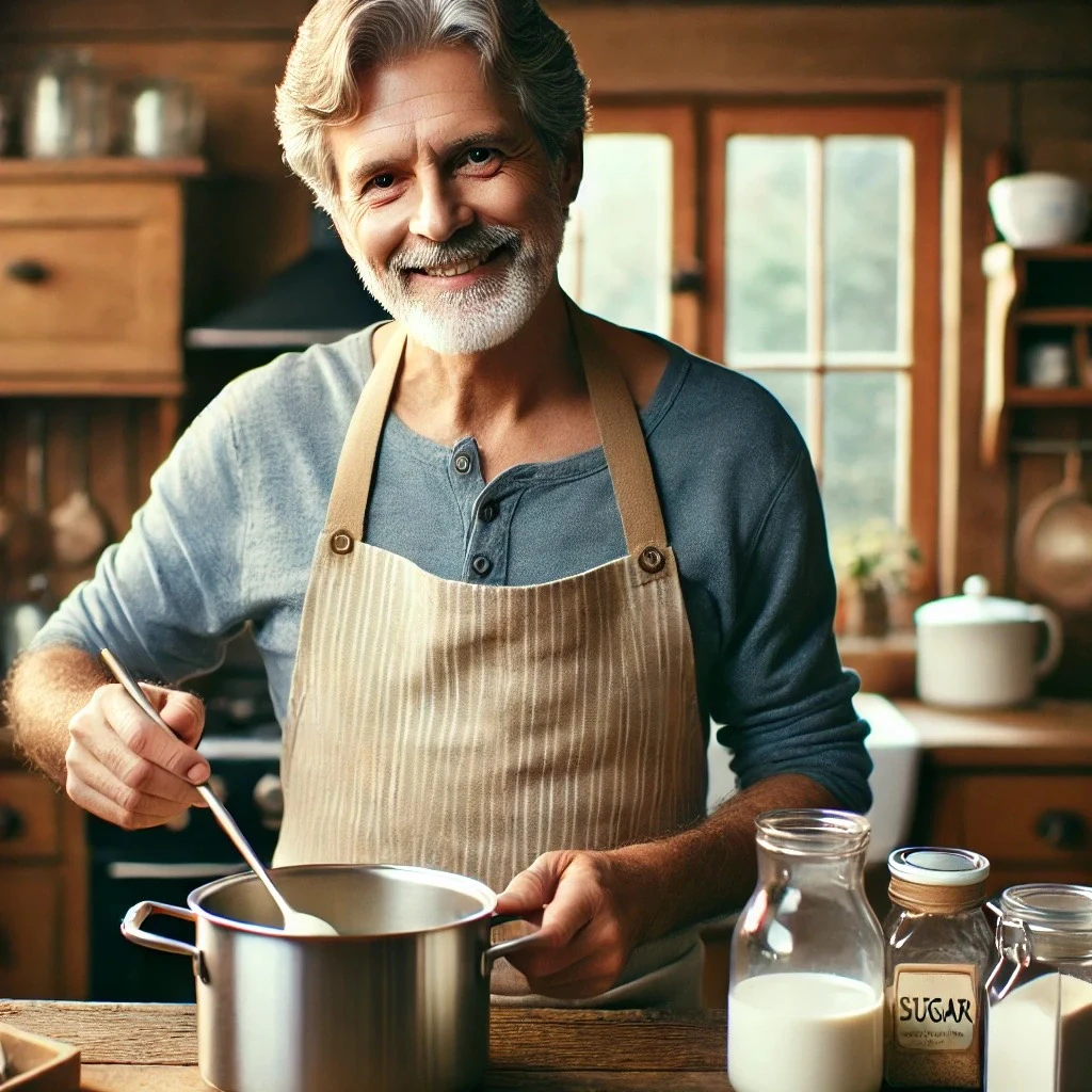 Torunları için mükemmel kıvamlı puding yapmaya çalışan bir yaşlı adam