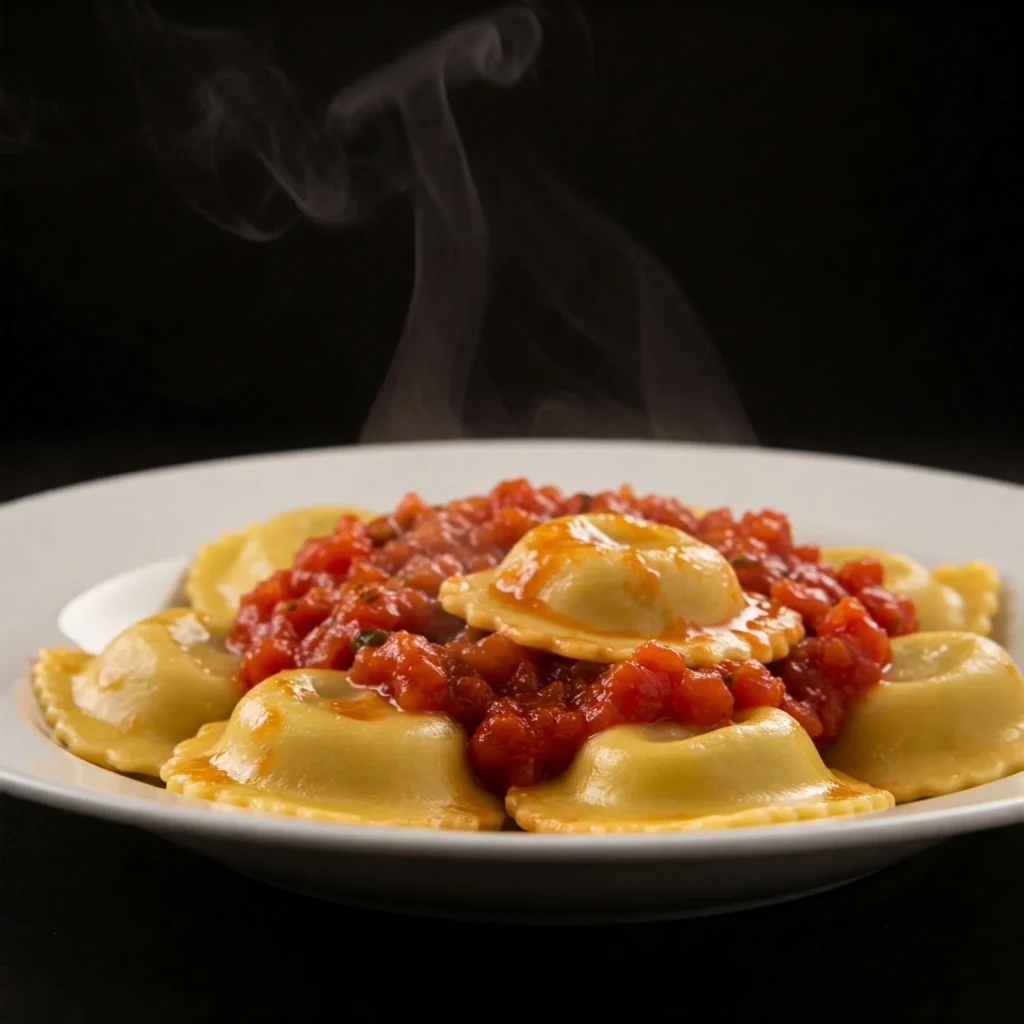 Ravioli makarna domates bazlı bir sos ile servis ediliyor.