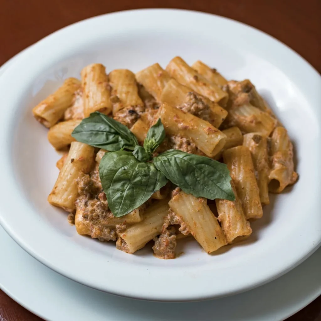 Rigatoni makarna, et bazlı sosla
