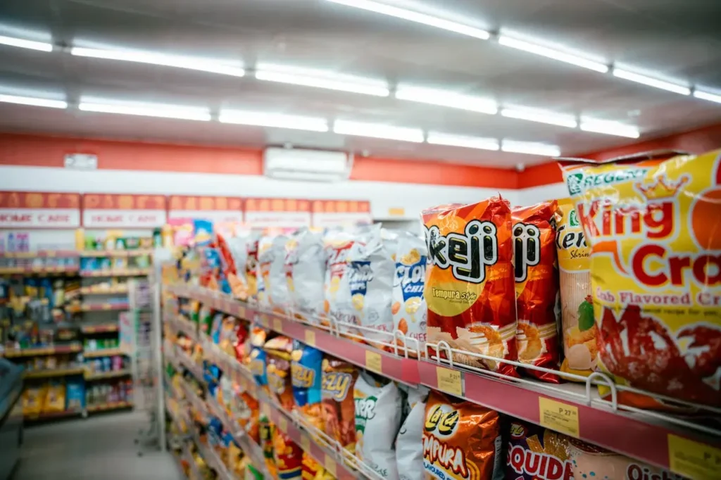 Bir süpermarket raflarındaki abur cuburlar