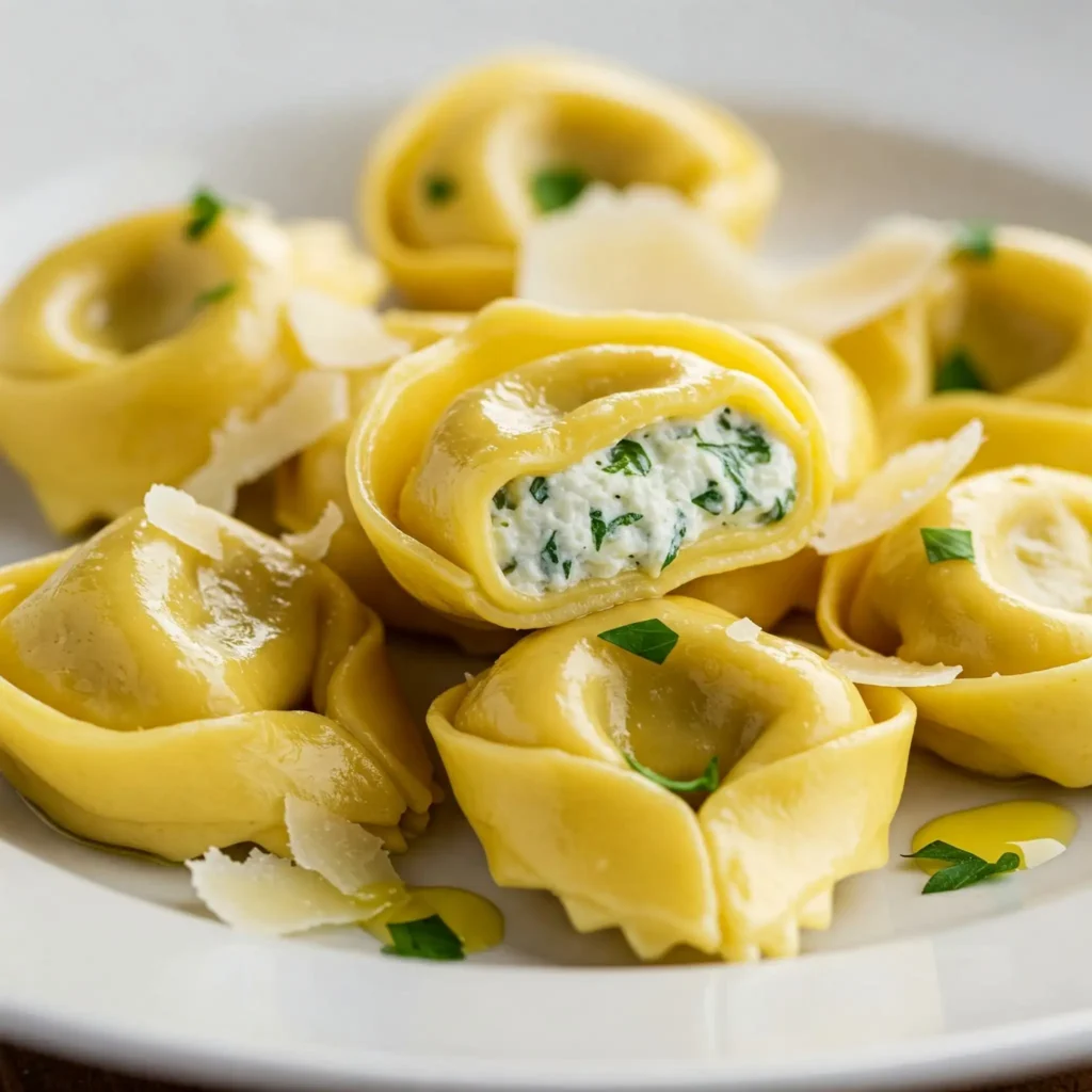 Tabakta servis edilen peynir dolgulu tortellini yemeği