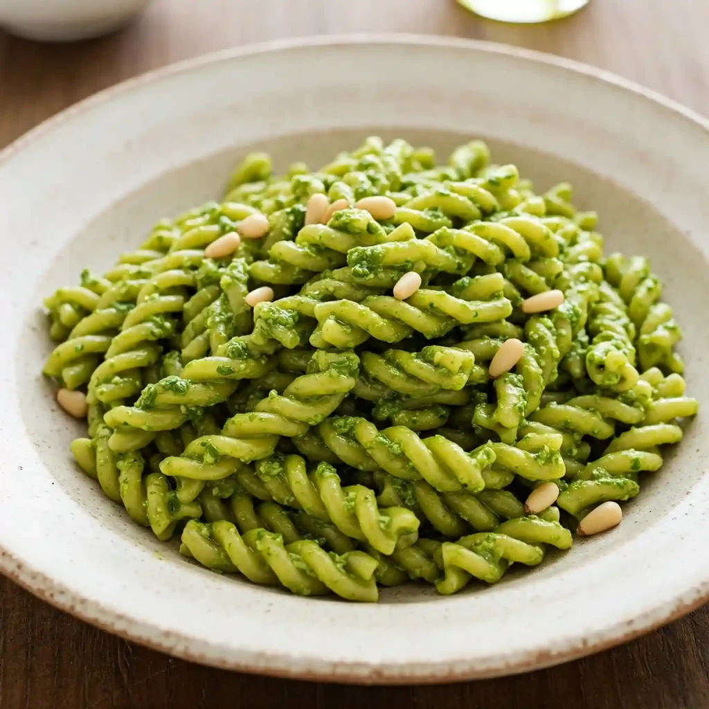Trofie makarna pesto sos ile servis ediliyor.