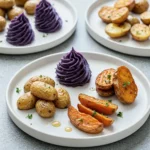 Farklı patates yemekleriyle hazırlanan renkli tabak sunumu