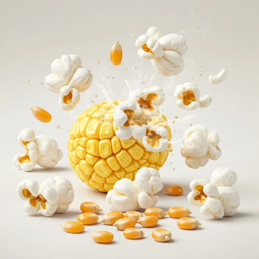 Patlamaya uygun, küçük taneli cin mısır (popcorn) ve patlamış mısır yan yana