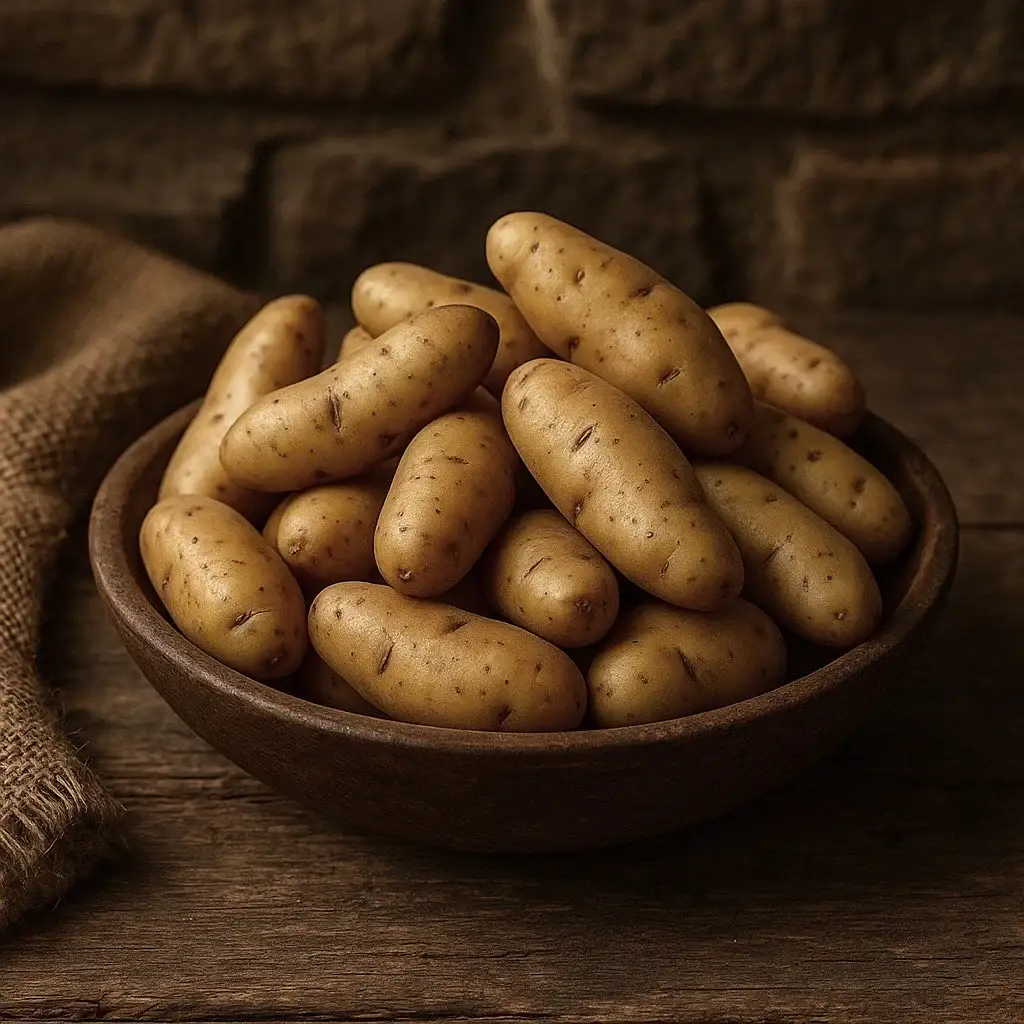 Parmak şeklinde Fingerling patatesler rustik bir ortamda