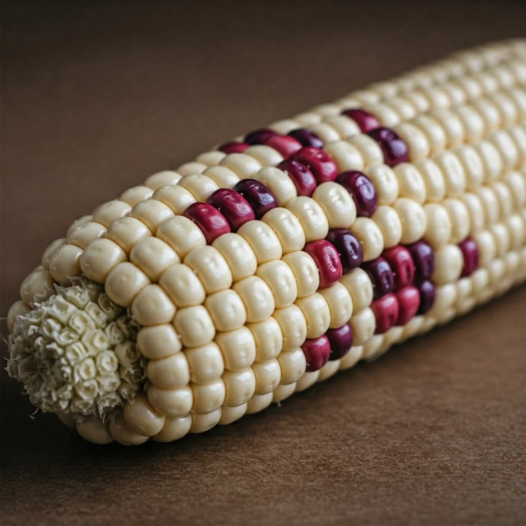 Beyaz ve birkaç renkli tanesiyle mumlu mısır (waxy corn) koçanı