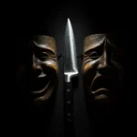 Gülen ve ağlayan tiyatro maskeleri arasında karanlık şef bıçağı görseli.