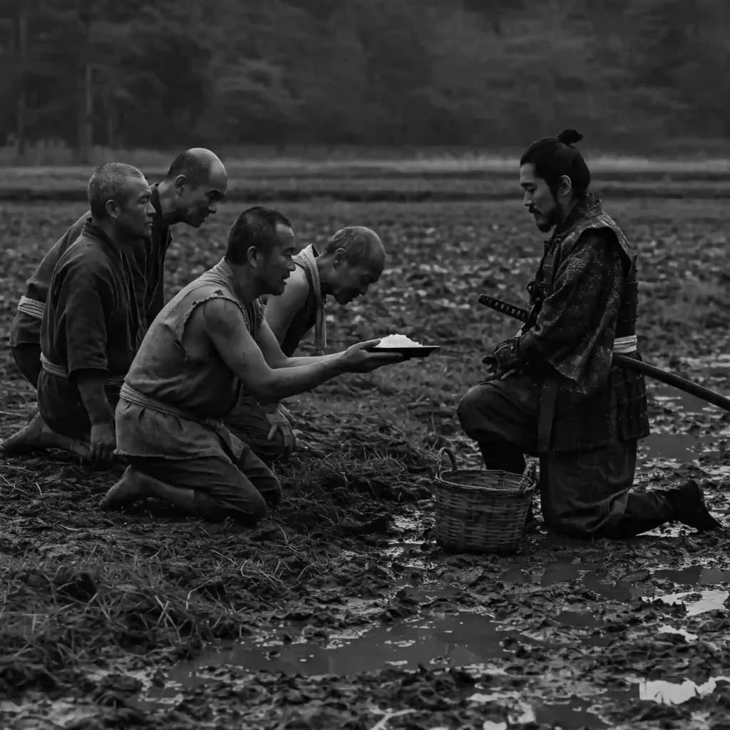Seven Samurai (7 Samuray) filminde fakir köylülerin samuraya pirinç sunması temsil ediliyor.