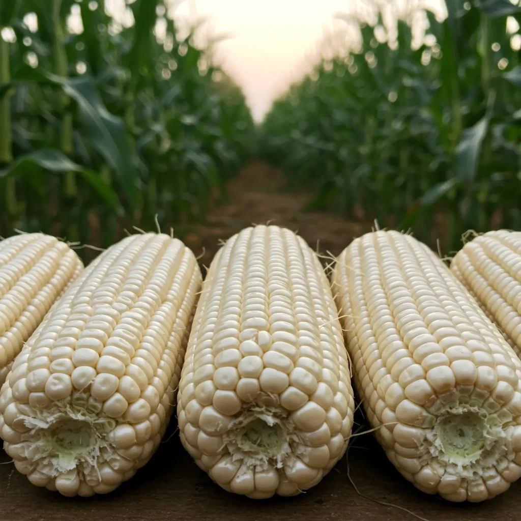 Yumuşak yapılı, beyaz unlu mısır (flour corn) koçanları bir mısır tarlasında