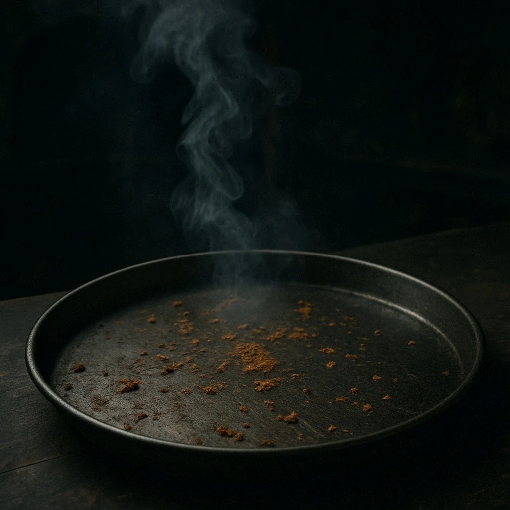 Boş bir baklava tepsisi, yalnızca birkaç kırıntı kalmış, arka planda duman yükseliyor.