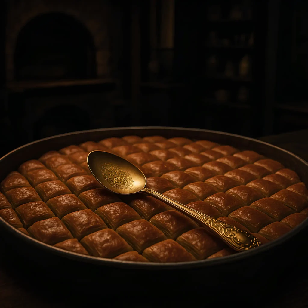 Baklava tepsisi üzerinde altın yaldızlı bir kaşık, loş ışıklı geleneksel bir Gaziantep dükkânı arka planda