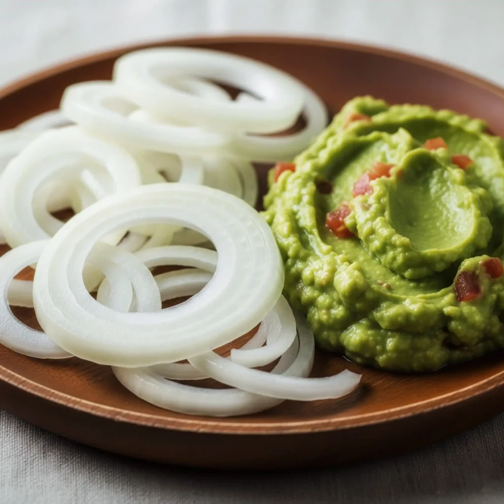 Dilimlenmiş beyaz soğan ve guacamole sos yanında sunum