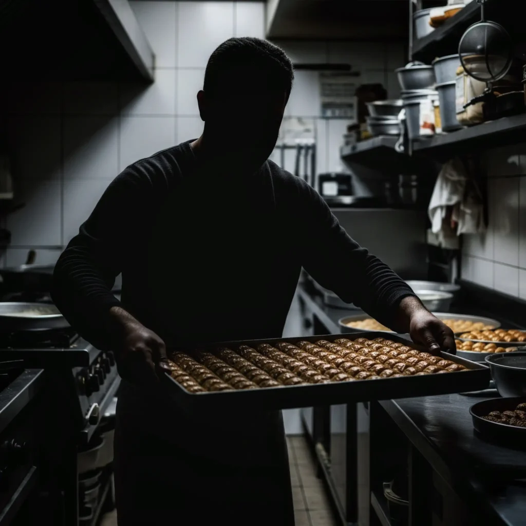 Gölgeler içinde çalışmakta olan bir baklava ustası figürü, elinde tepsi taşıyor. Yüzü görünmüyor.