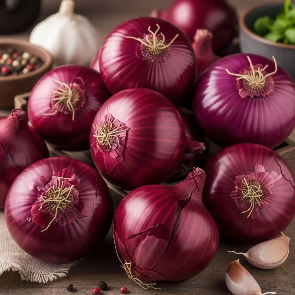 Birçok kırmızı soğan (red onion) bir masanın üstünde