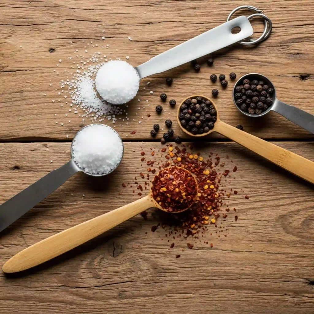 Farklı baharatlarla dolu ölçü kaşıkları ahşap masa üzerinde