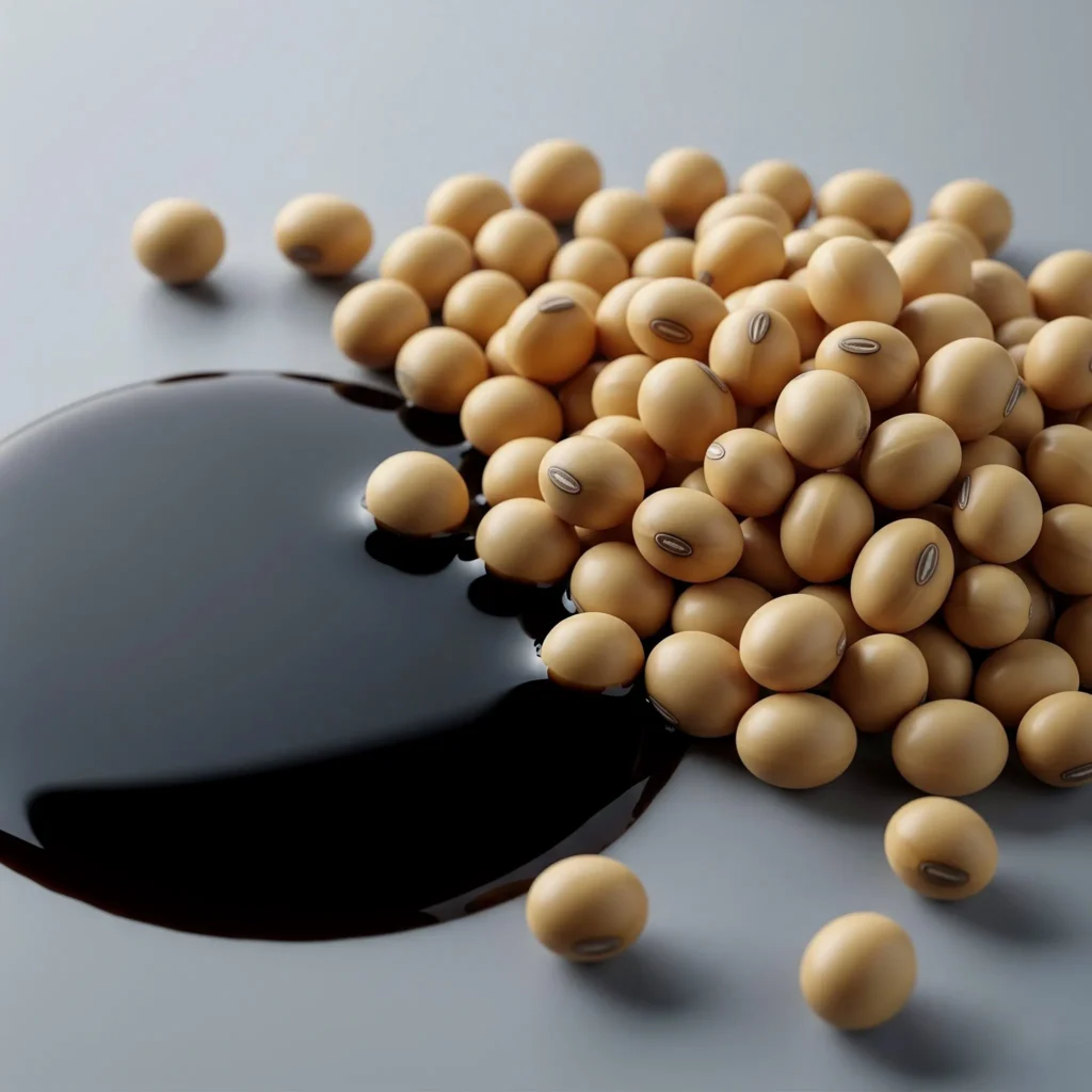 Soya fasulyesi bakliyatının taneleri ve soya sosu yan yana