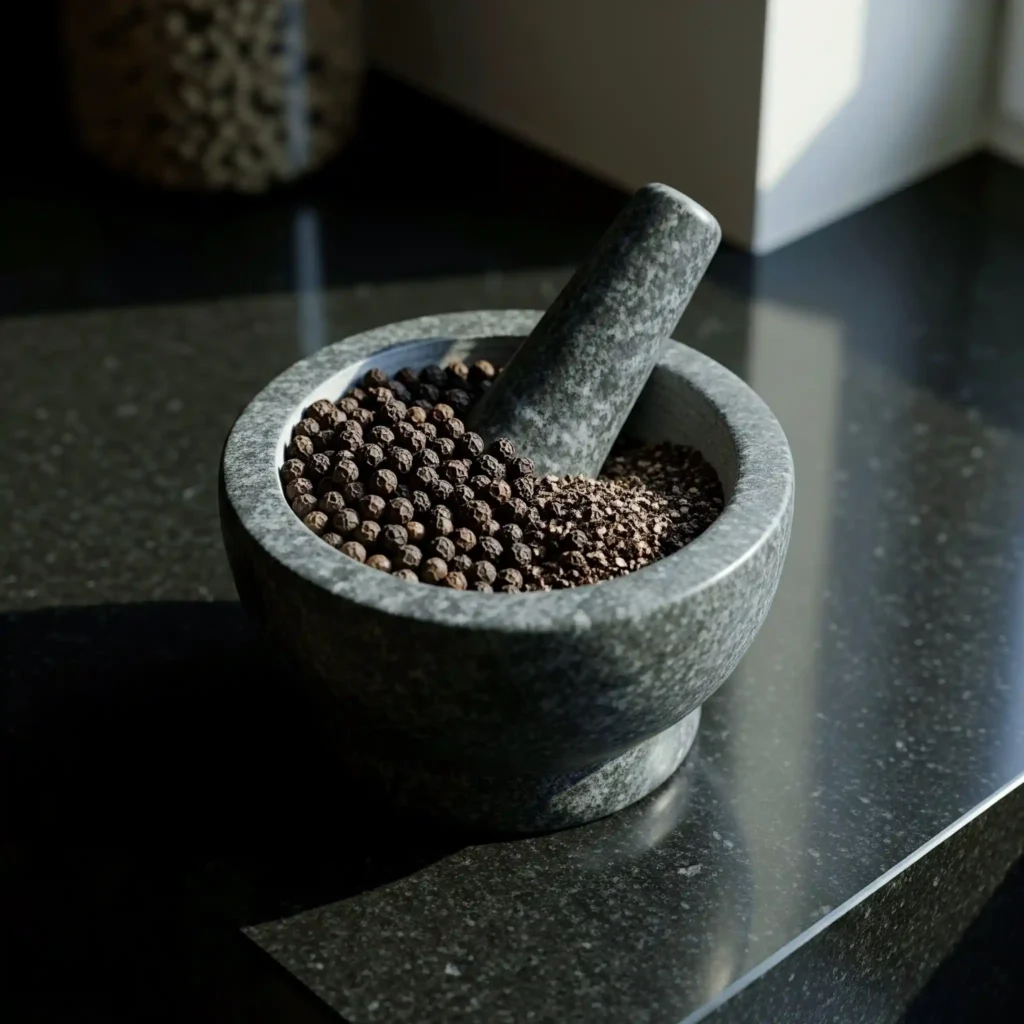 Taze öğütülmüş tane karabiber ve havan bir mutfak tezgahında