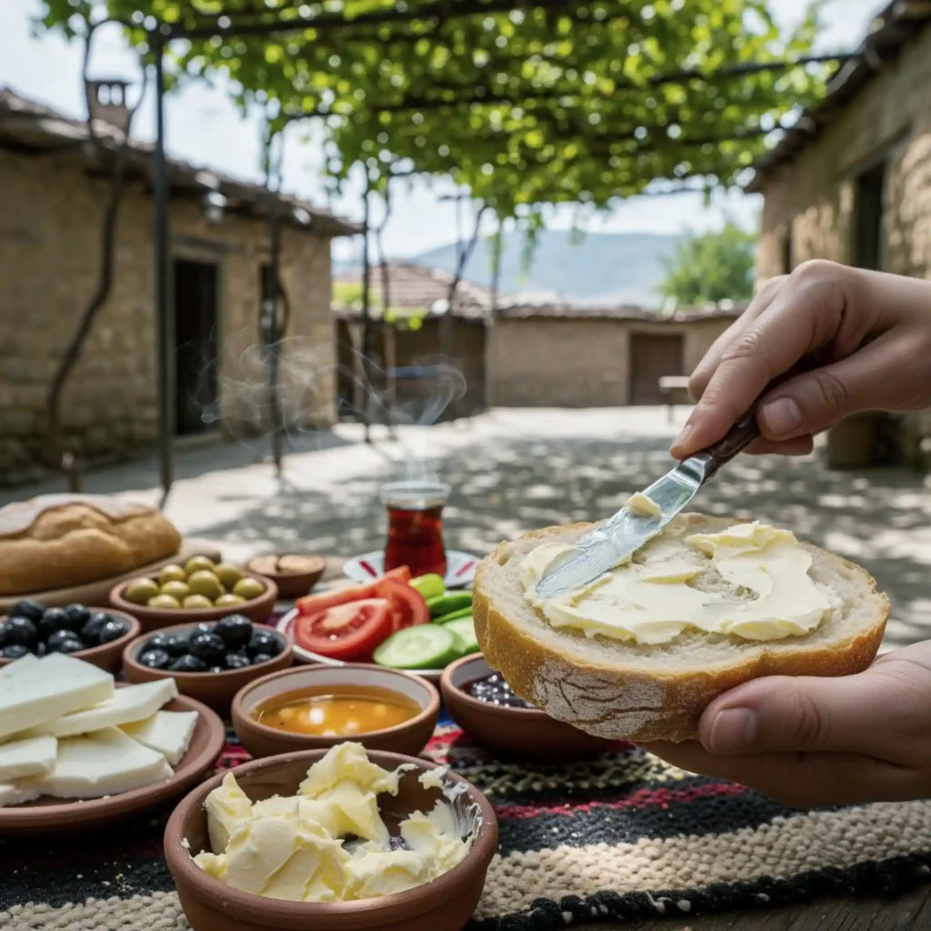 Taze tereyağının ekmeğe sürüldüğü bir anadolu sofrasında kahvaltı