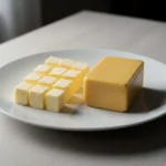 Tereyağı ve margarinin yan yana görselleştirilmiş hali (bir tabakta tereyağı küpü ve margarin bloğu)