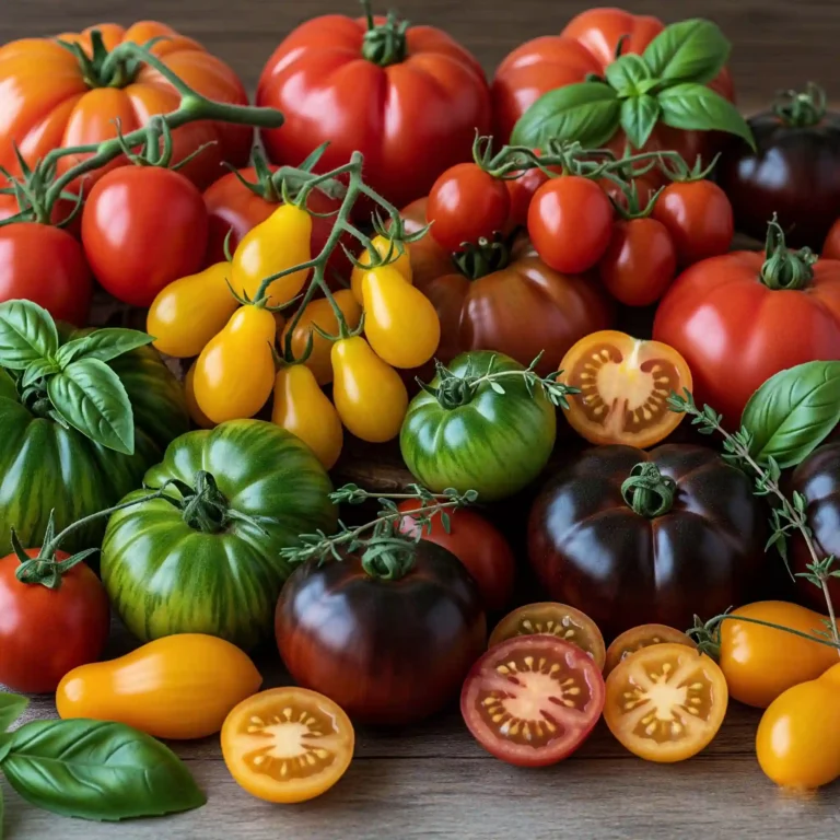 Farklı domates çeşitlerinin bir arada bulunduğu görsel.