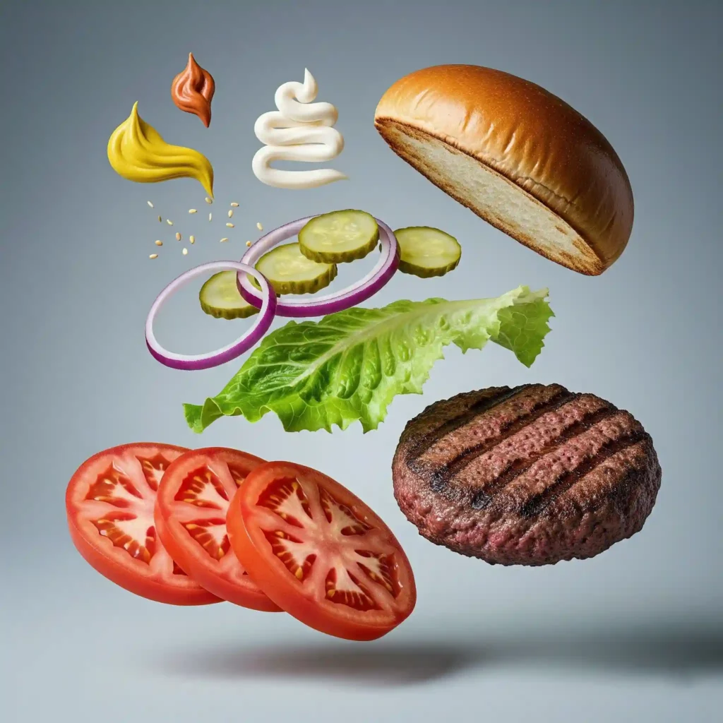 Beefsteak domatesin hamburger için dilimlenmiş hali ve diğer hamburger malzemeleri havada asılı duruyor.