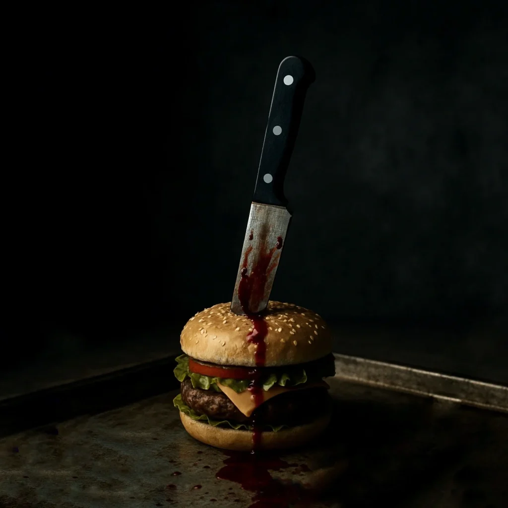 Bir hamburgere saplanmış bir şef bıçağı ve kırmızı bir sıvı akıyor