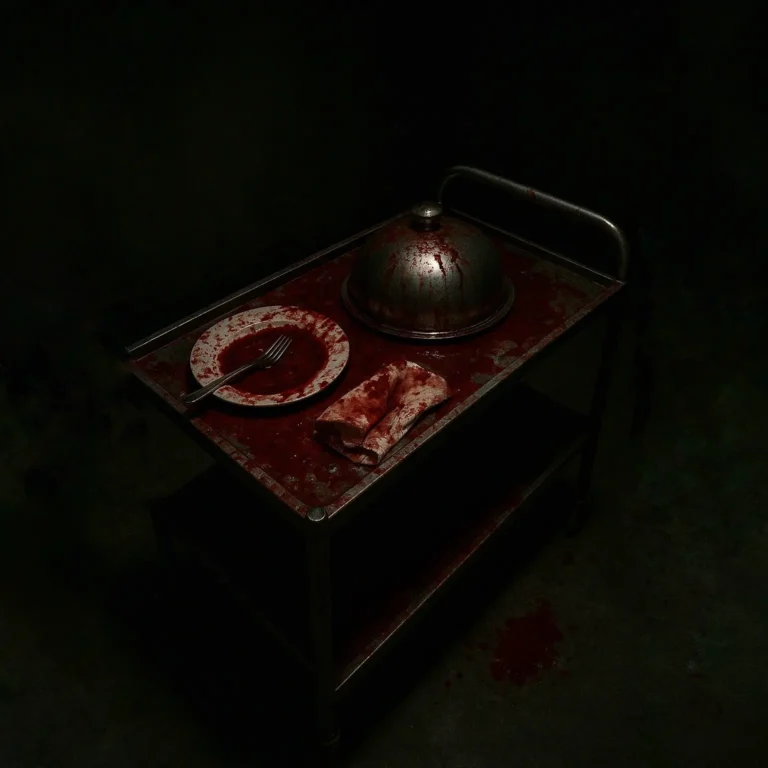 Kırmızı bir sıvıya bulanmış bir oda servisi aracı