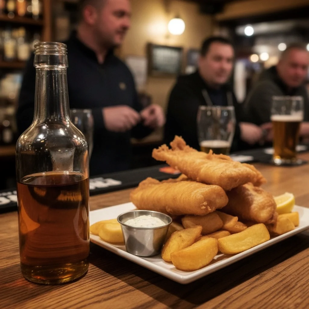 Bir barda arpa sirkesi ile servis edilen fish and chips tabağı