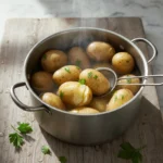 Üstten çekim tarzında, haşlanmış patateslerin buhar çıktığı sade bir tencere görüntüsü.