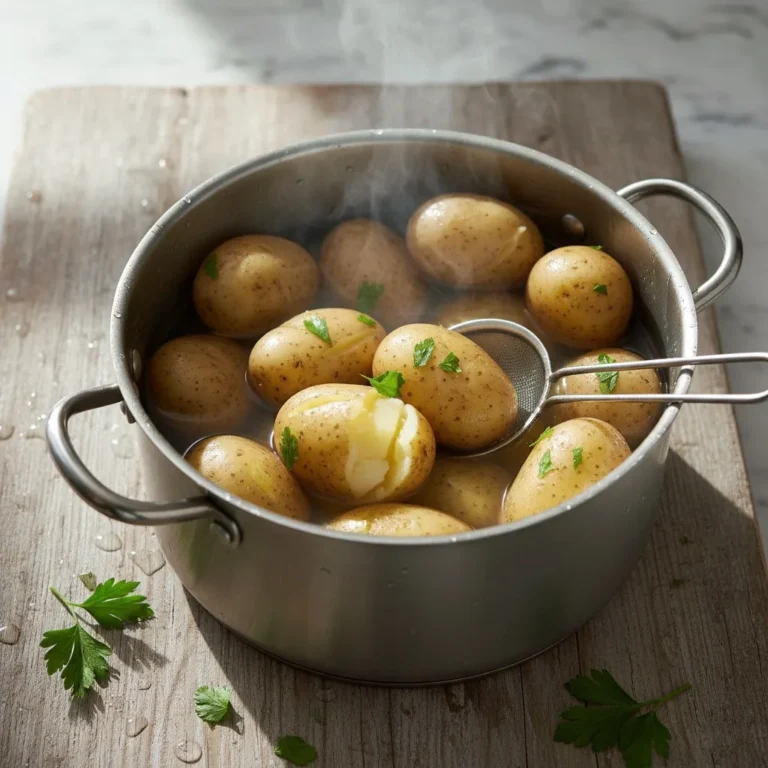 Üstten çekim tarzında, haşlanmış patateslerin buhar çıktığı sade bir tencere görüntüsü.