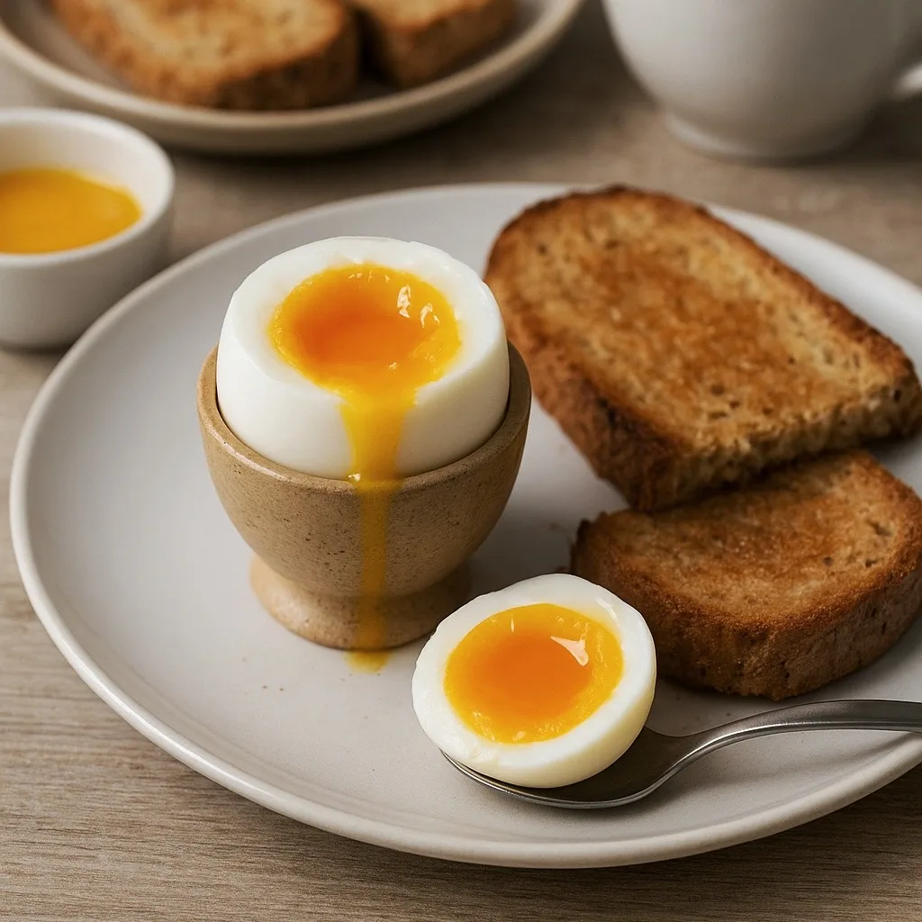 Rafadan yumurta, akışkan sarısı ve ekmek bandırma sahnesiyle kahvaltı sunumu