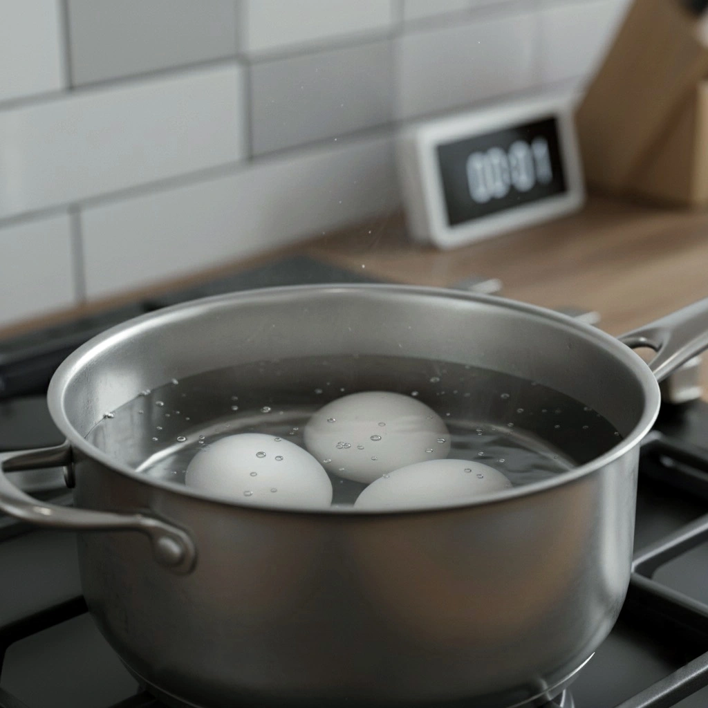 Soğuk suda haşlanmaya bırakılmış yumurtalar ve kaynama aşaması görseli