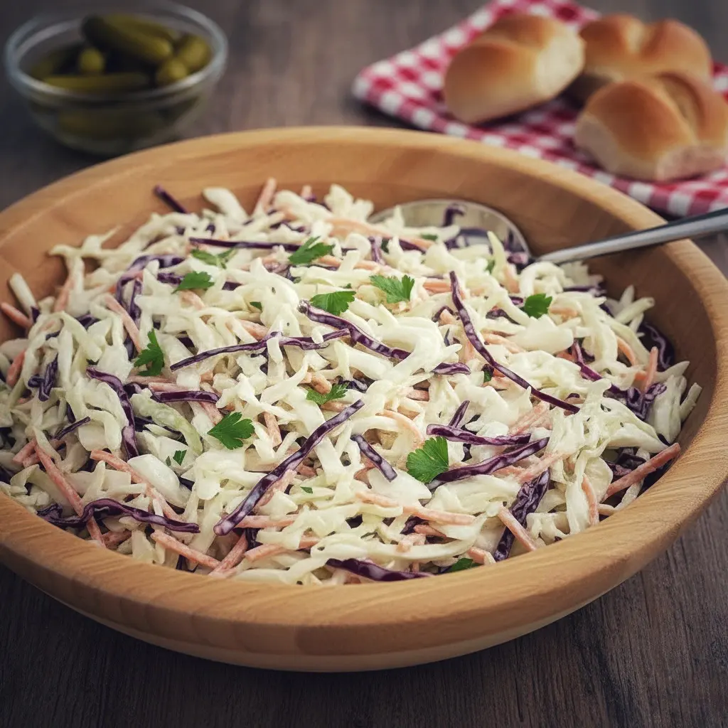 Coleslaw salatası bir kasede, ekmek ve turşu ile servis ediliyor