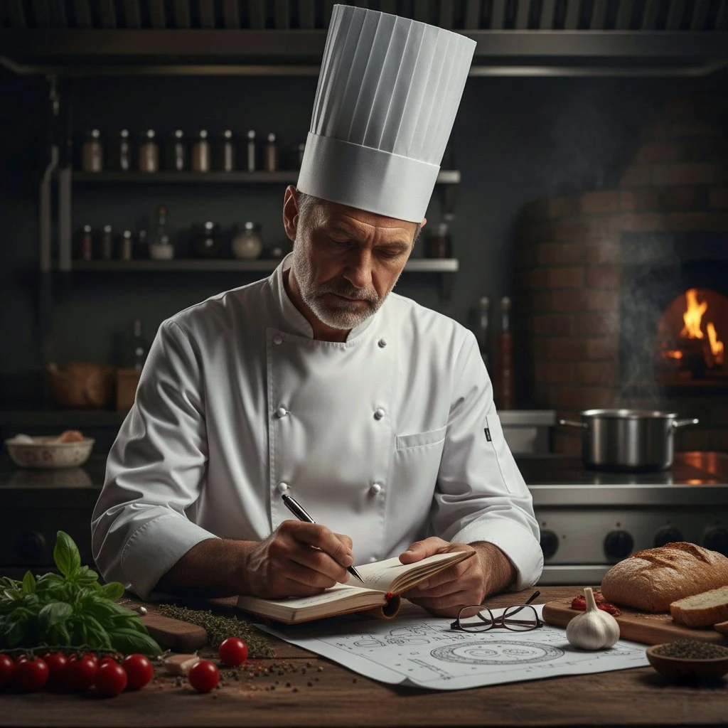 Menü geliştiren bir şefin küçük deftere karalamalar yaptığı sahne