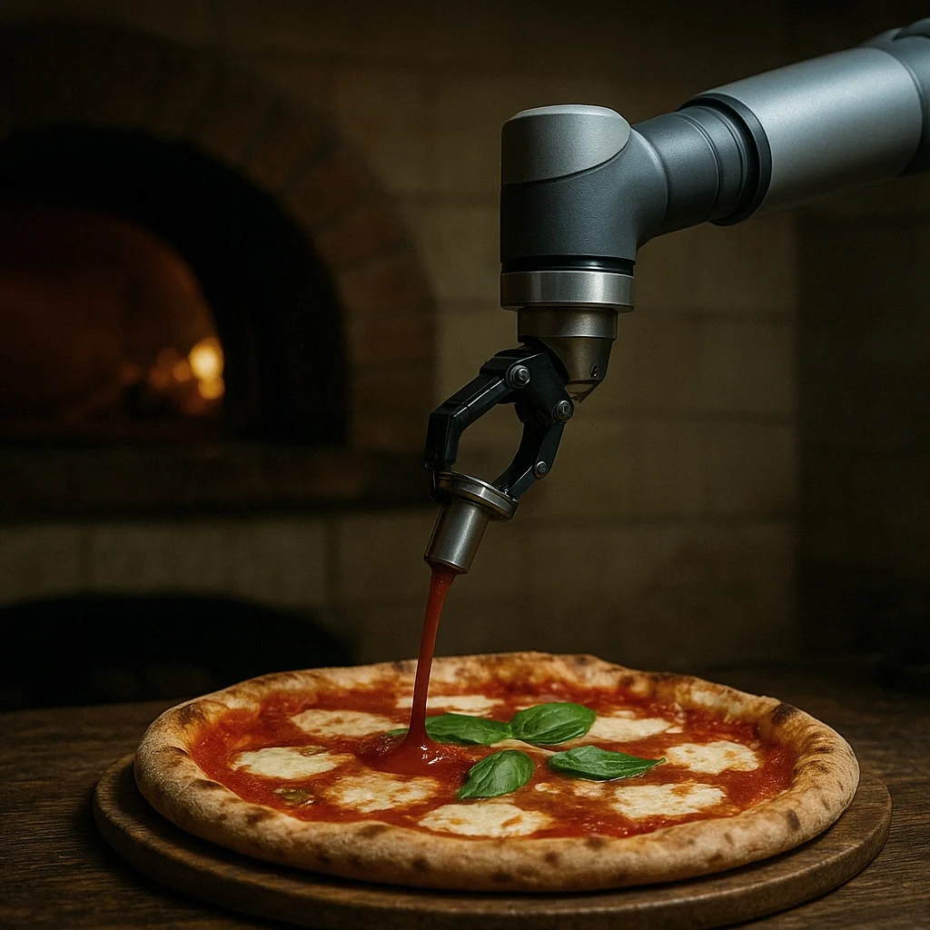 Yapay zekalı bir robot kolu bir pizzaya domates sosu döküyor