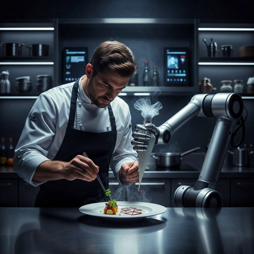 Robot şefleri temsil eden bir geleceğin mutfağı