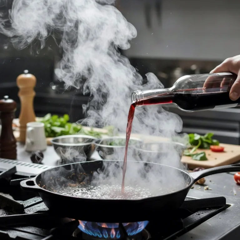 Sıcak tavaya şarap dökülerek yapılan deglaze işlemi ve çıkan buhar.