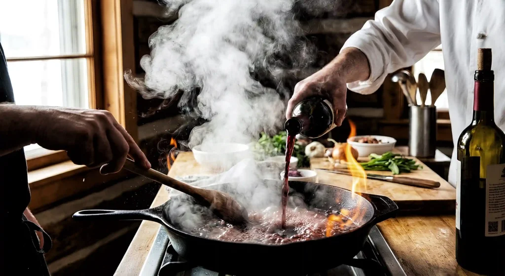 Deglaze sırasında tahta kaşık ve şarap ile tavanın dibindeki lezzetlerin kazınması.