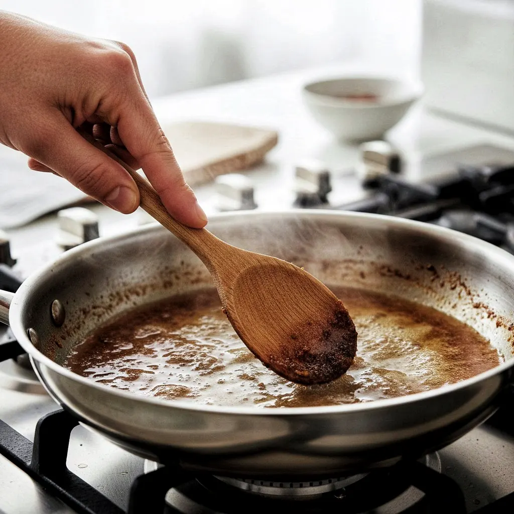 Deglaze sırasında tahta kaşık ile tavanın dibindeki lezzetlerin kazınması.