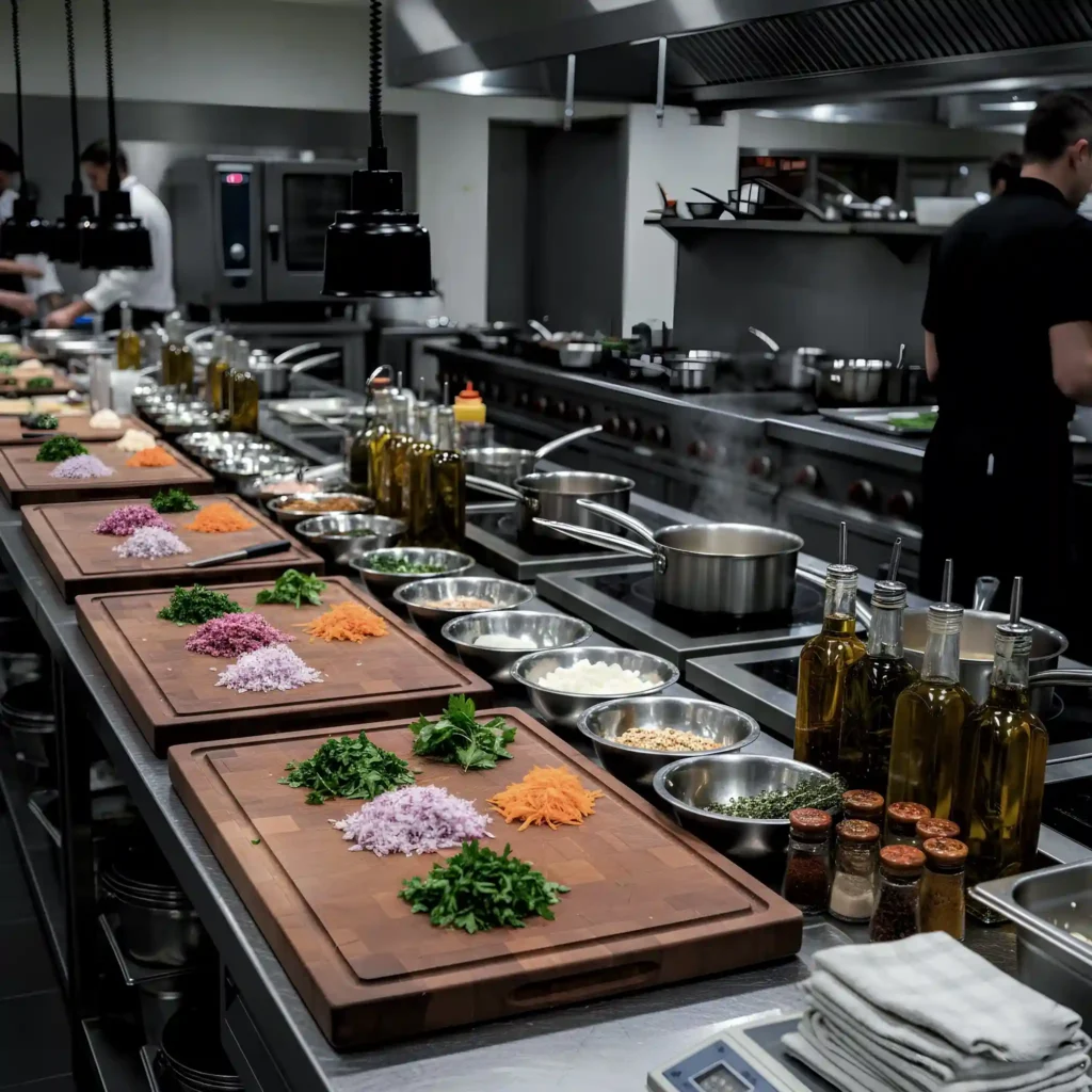 Profesyonel bir mutfakta servis öncesi tamamen hazırlanmış bir istasyon; kesme tahtaları, ölçülü kaplar, tencereler, aromatik yağlar.