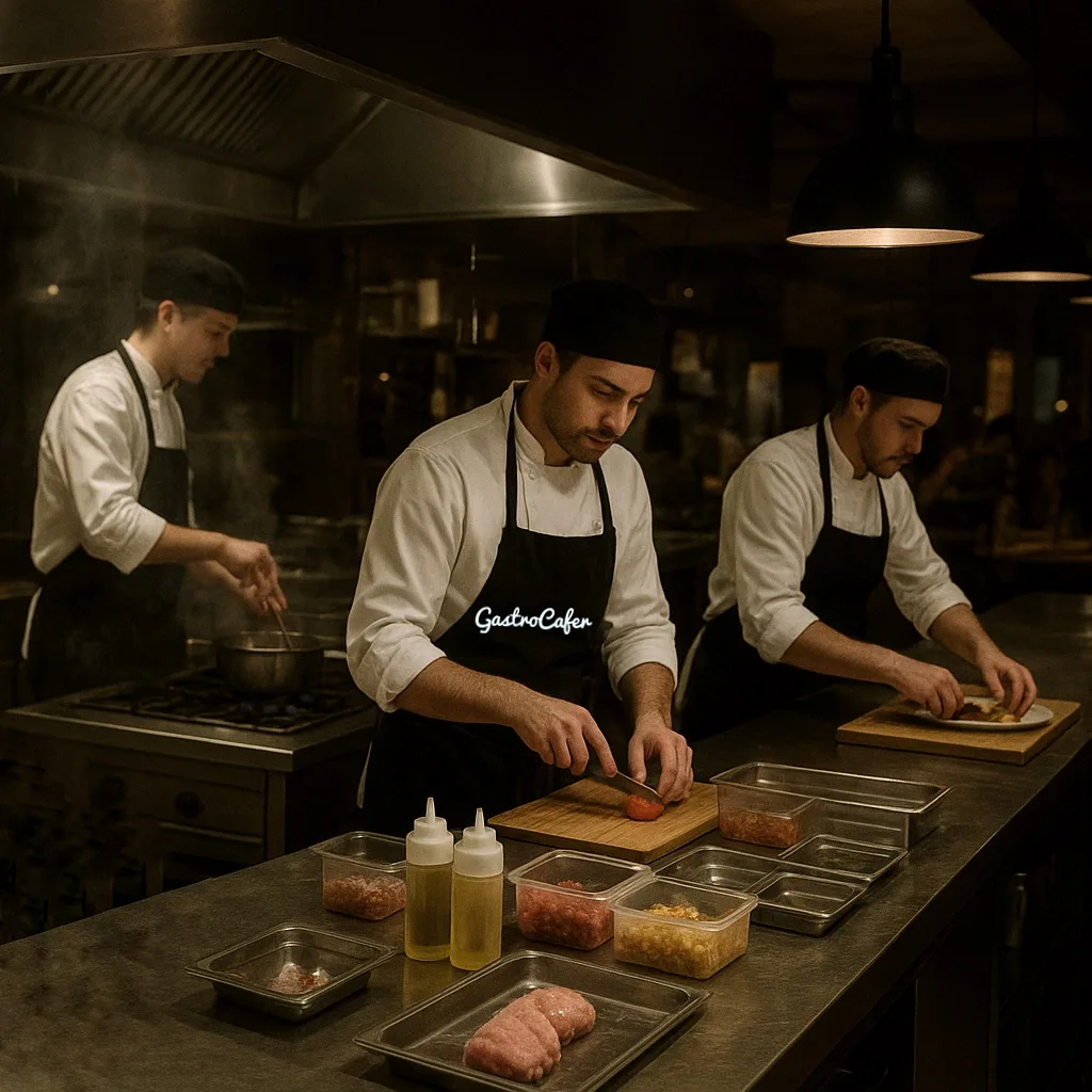 Hareket halinde çalışan mutfak ekibi; düzenli istasyonlar; hızlı servis akışı.
