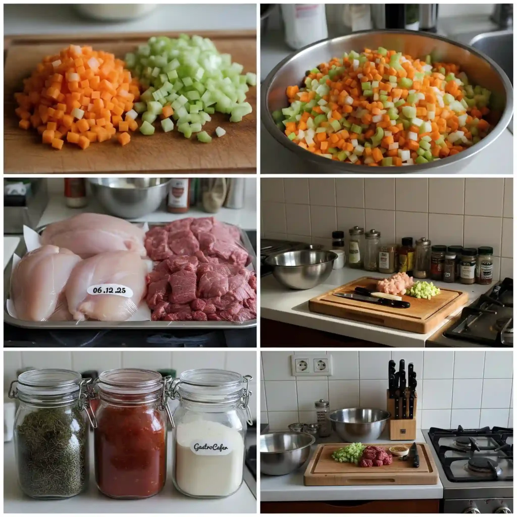 Brunoise doğrama, mirepoix, porsiyonlanmış proteinler, etiketli kaplar gibi 6 bileşenden bir kolaj veya tek planlı düzenli bir tezgâh.