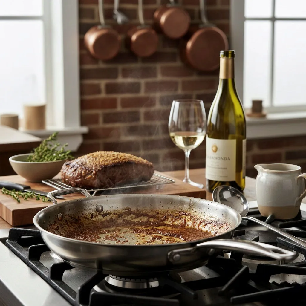 Tavanın dibinde kalan kahverengi lezzet tortuları ve karamelize kalıntılar.